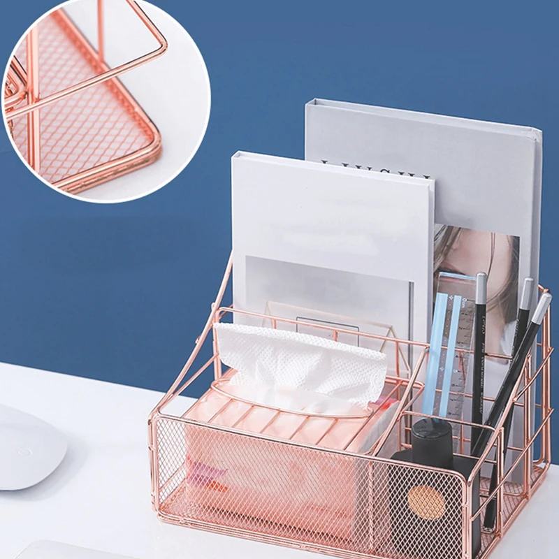 

Rose Gold Desktop Storage Box Multi-Purpose Pen Holder azine Organizer Office Supplies Accessories