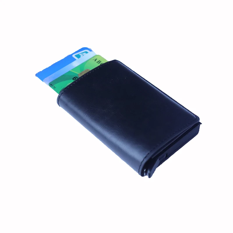 RFID Blocking Credit Card Holder Genuine Leather Men ID Card holder Mini Wallet Vintage Metal Automatic Anti-theft Card Wallet
