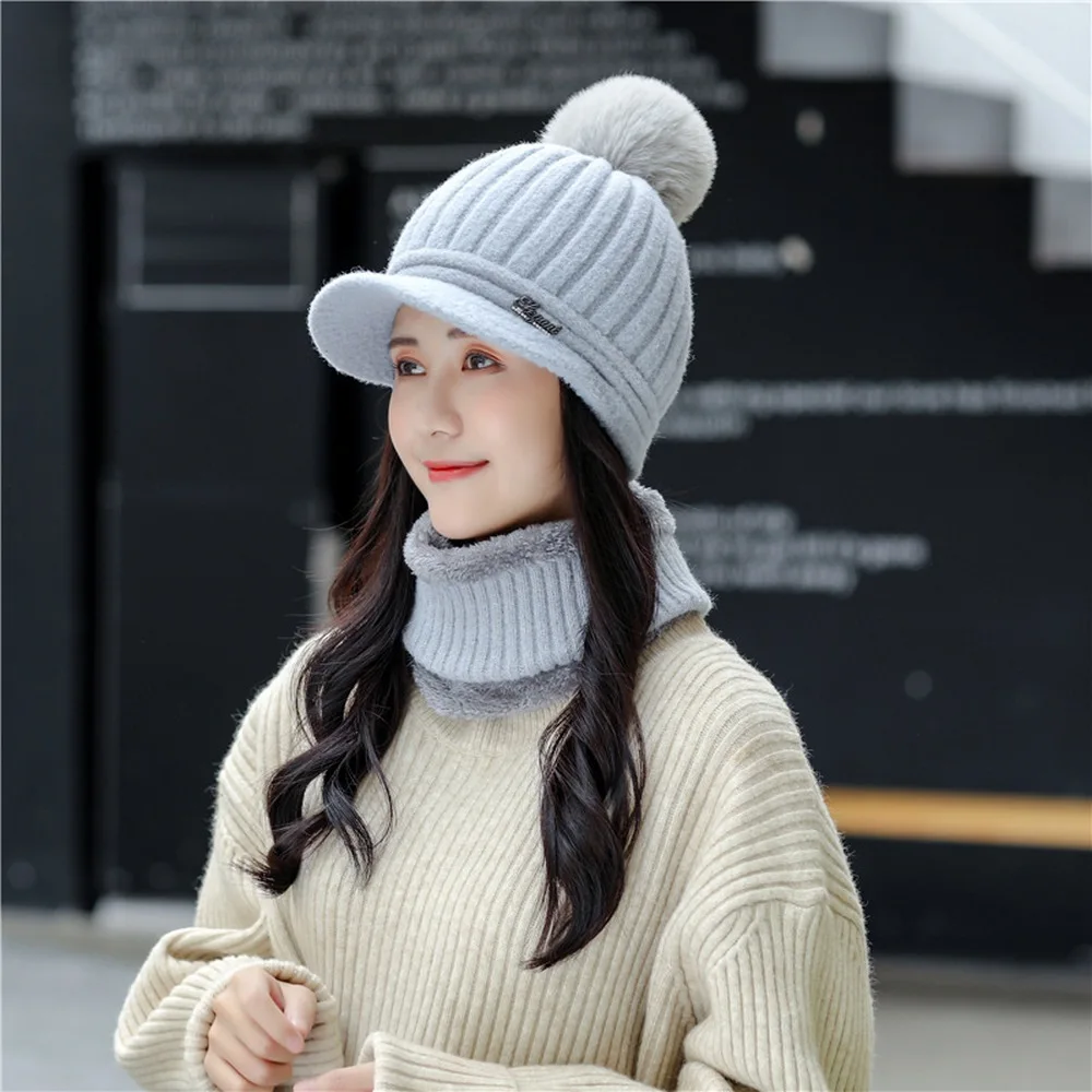 

Women Winter Hat with Visor Bib Hair Ball Woolen Letter Pattern Solid Color Warm and Soft Outdoor Cycling Shelter Snow