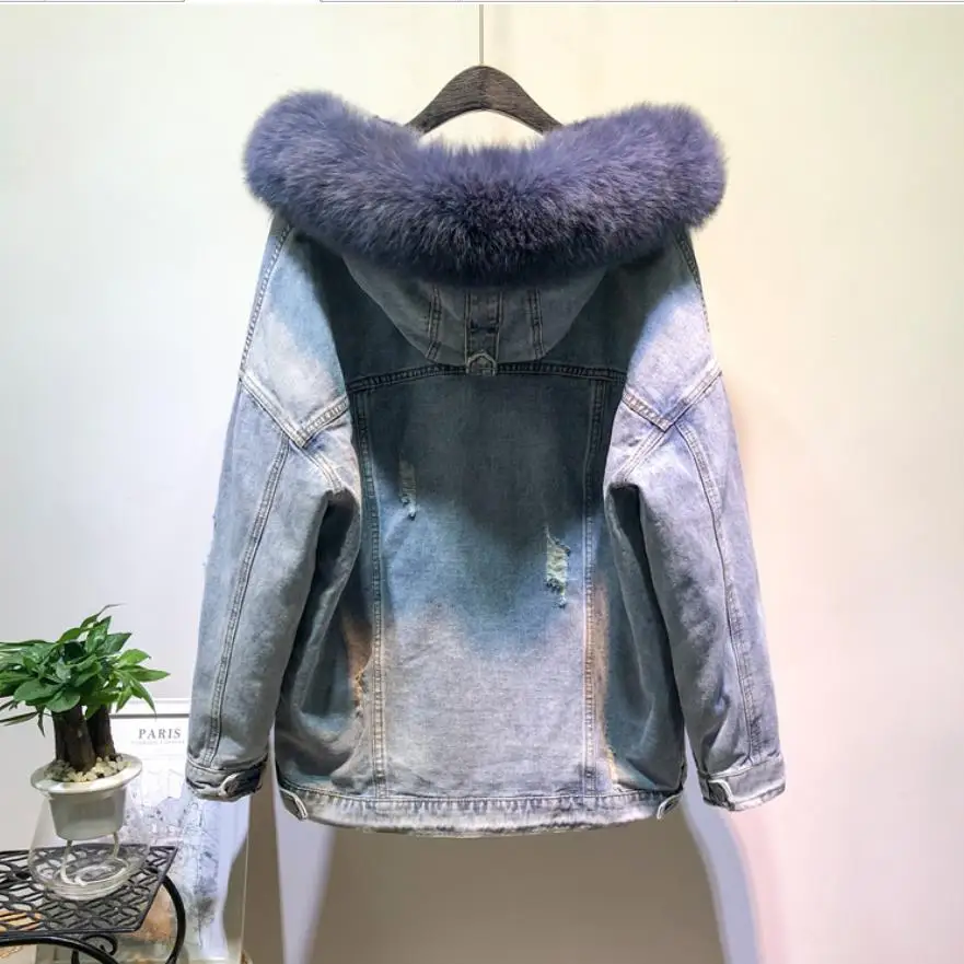 Женская джинсовая куртка с капюшоном теплая верхняя одежда из натурального