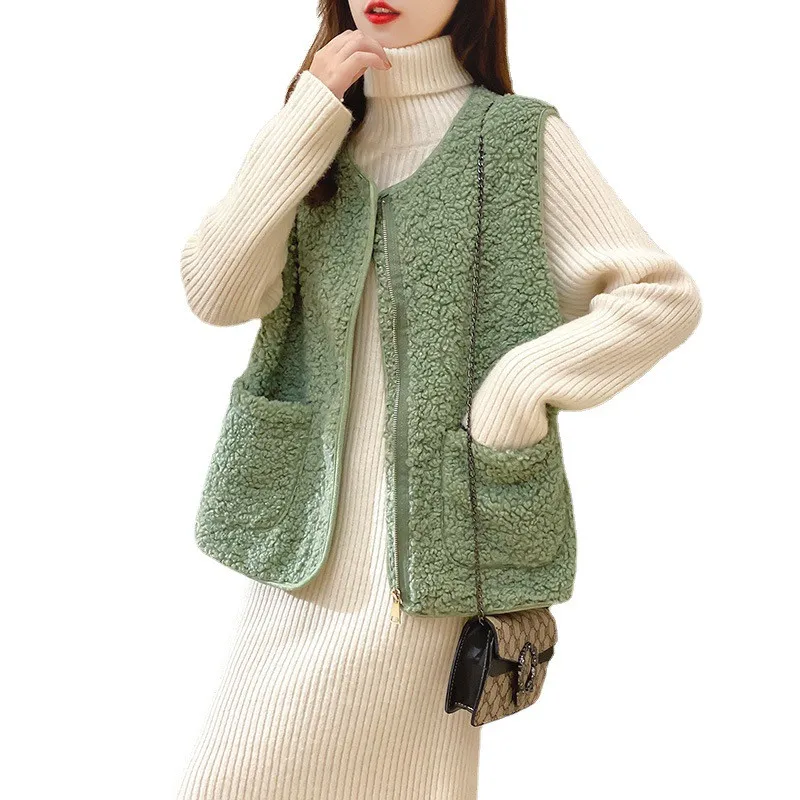 

Autumn Winter Female Vest Jacket 2021 New Korean Short Lamb Hair Vest Overcoat Zipper Sleeveless Waistcoat Women's Clothing Coat