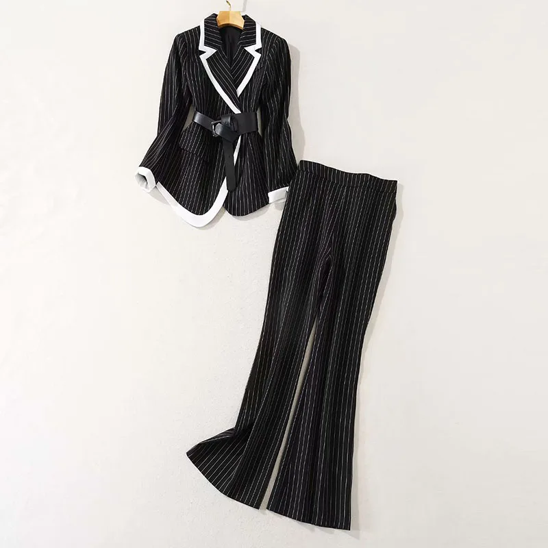 New HIGH QUALITY 2021 Designer Runway Suit Set Women's Long sleeve Sashes Blazer Long pant striped Suit set