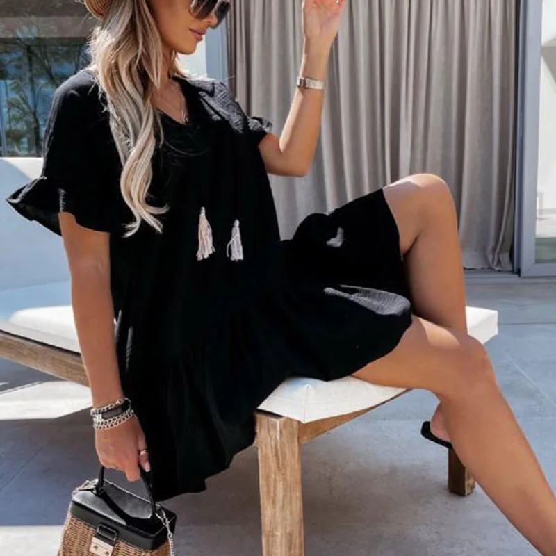 

Summer Casual Tassel V-Neck Mini Dress Fashion Short Butterfly Sleeve Party Dress Women Elegant Ruffle Solid Loose Dress Vestido