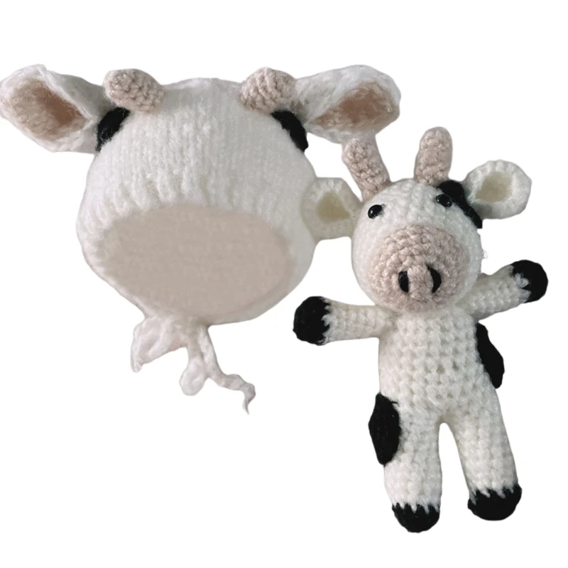 

Newborn Infant Photography Prop Crochet Knitted Beanie Hat with Stuffed Animal Cow Doll Toy Set Baby Bonnet Clothes Costume