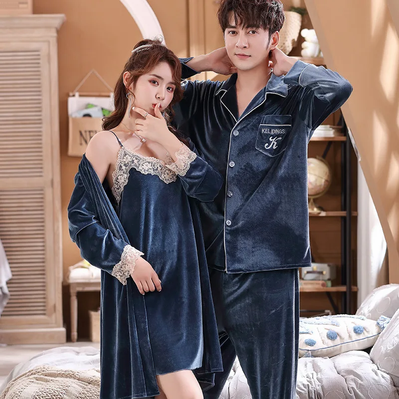 

Couple Plus Size Solid Pajamas Suit Spring And Autumn Gold Velvet Thick Home Wear Sexy Nightdress Nightgown