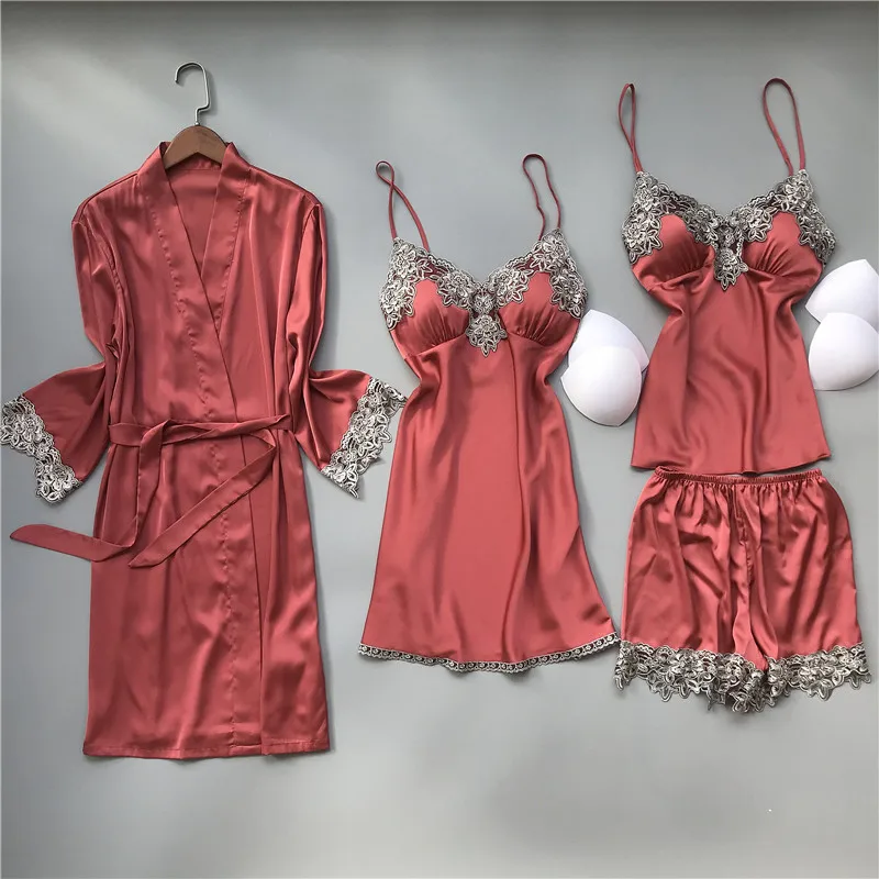

Sexy Pajamas Women Summer Thin Ice Silk Belt With Bra Sleepwear Robe Kimono Gown Casual Loose Pijamas Suit Silky Satin Home Wear