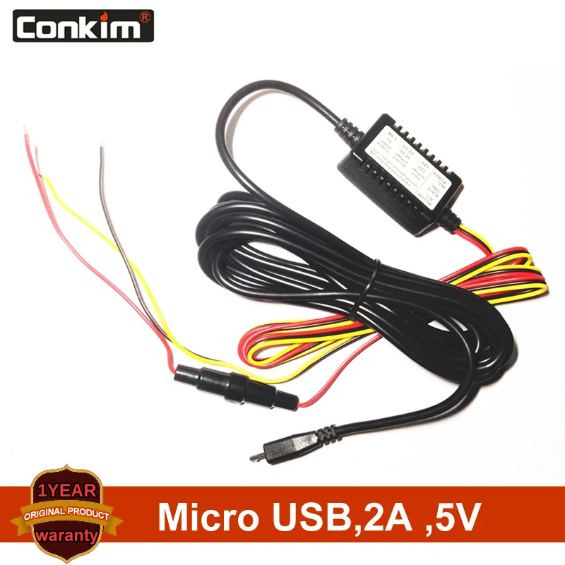 Conkim Micro USB, парковочный комплект, жесткий провод для приборной камеры Mini 0903 0906 0906s 12 V. 24V 2A 3,8 M, защита от низкого напряжения, источник питания