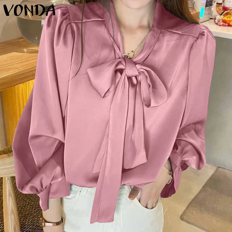 

Офисная Деловая блузка, повседневная плиссированная блузка на пуговицах, рубашка VONDA, Женские однотонные топы с бантом на шее и длинным рука...