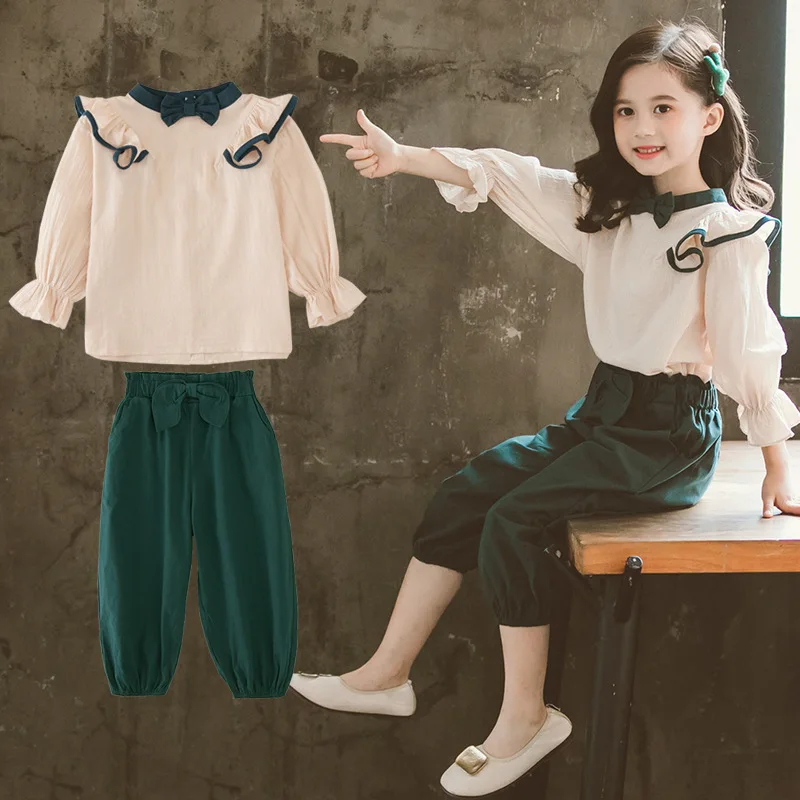 Girls Spring Summer Thin Casual Set Baby Kids Cute Elegant Ruffled T-shirt Set Teenage Long Sleeve Tops+ Cropped Trousers Outfit