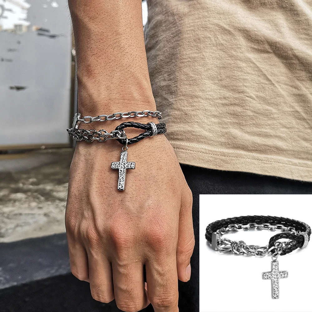 Двухслойная цепь из нержавеющей стали для мужчин и мальчиков черный кожаный