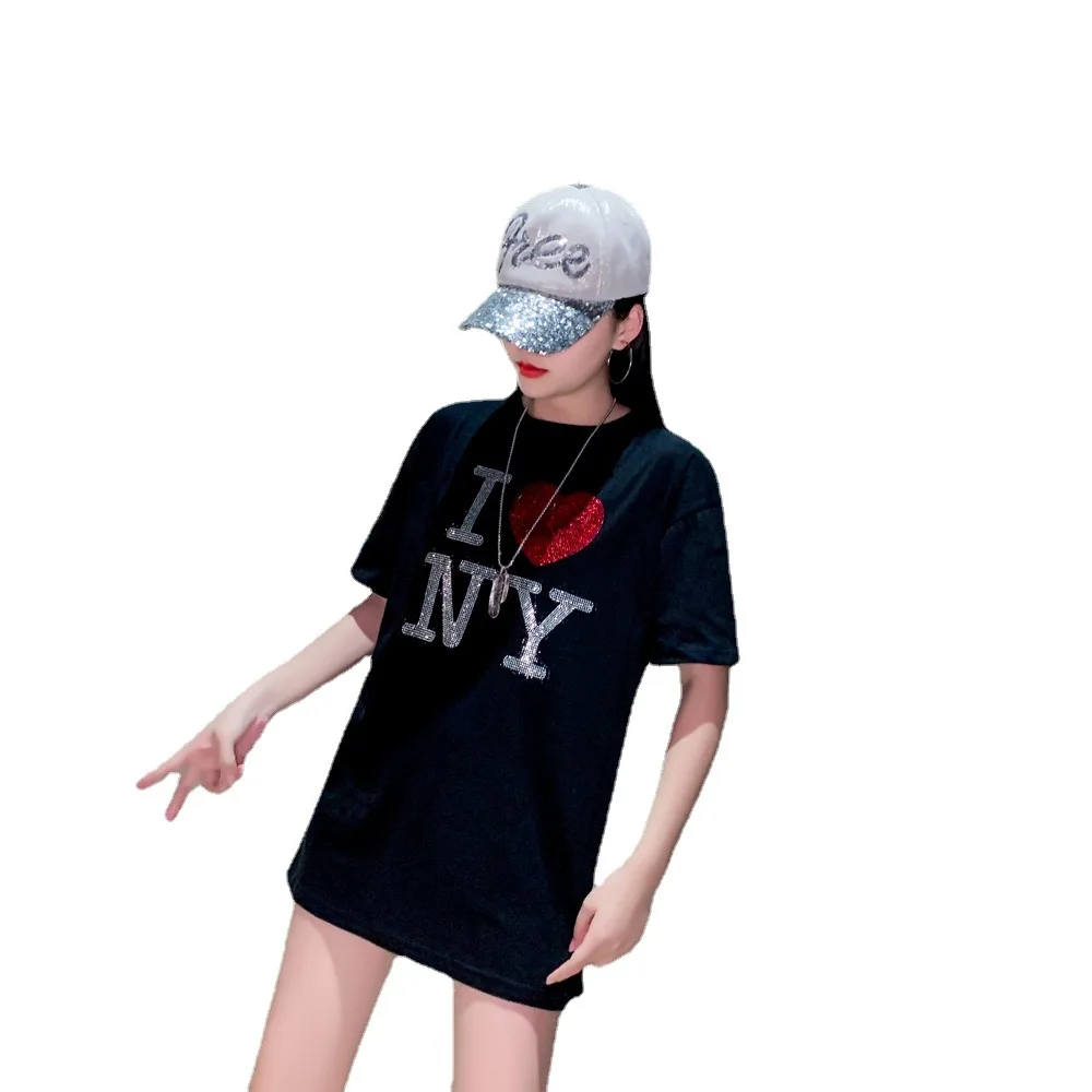 

High-end fashion brand street style letters hot diamond Harajuku suit mid-length short-sleeved large ladies blouse