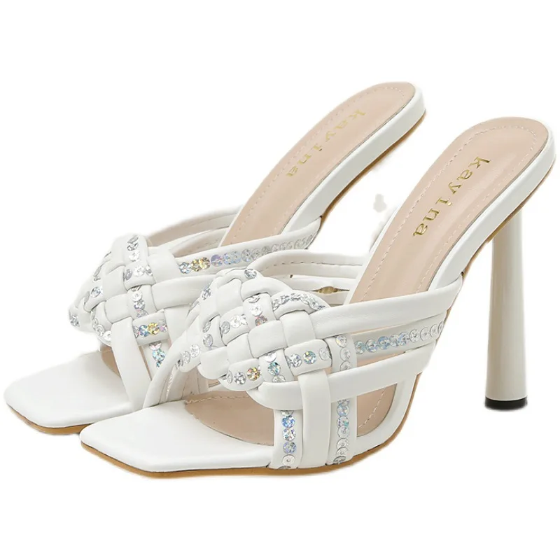 

Shoes Woman 2021 Square Toe Female Slippers Luxury Slides Heeled Mules New Designer Soft High Summer Thin Scandals Rome PU Rubbe