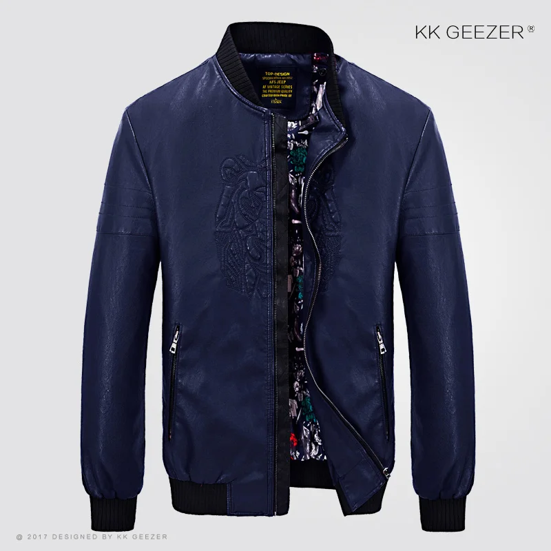 K5501 Deep Blue Мужская кожаная куртка-бомбер Черная роскошная приталенная уличная марка для мотоциклов Большие размеры Пальто Весна Осень года Повседневная водонепроницаемая флисовая ветровка Водонепроницаемая схема столкновения - Цвет: K5501 Deep Blue