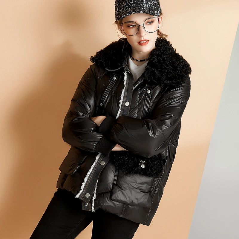 Женский пуховик с натуральным мехом Janveny зимняя короткая пуховая куртка на 90%