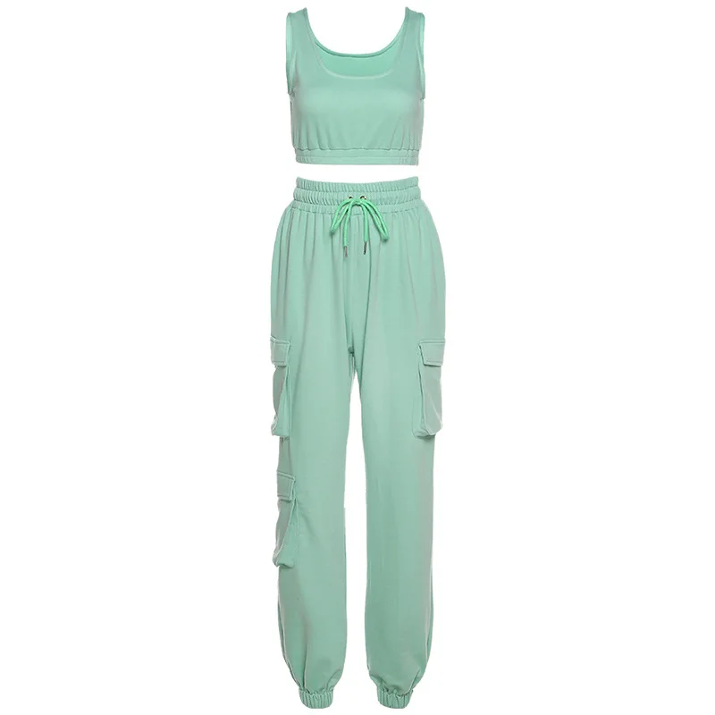 

2020 Autumn Women Clothes High Waist Pants Sleeveless Corset Overalls Vest Crop Top Casual Solid Color 2 Piece Set Tracksuit