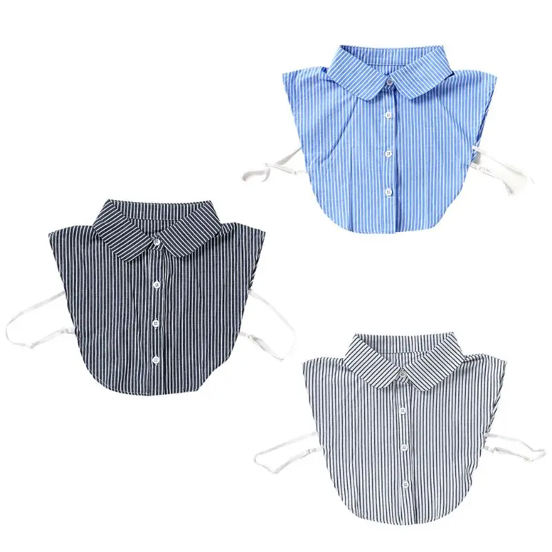 

Women Autumn Vertical Striped Lapel Fake Collar Necklace Button Down Sweater Decorative Detachable Half-Shirt Blouse