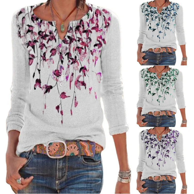 

Женская свободная футболка с длинным рукавом и V-образным вырезом