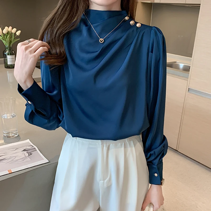 

Атласная Блузка с золотыми металлическими пуговицами, женские повседневные рубашки с высоким воротником, топы, элегантная офисная шифонов...