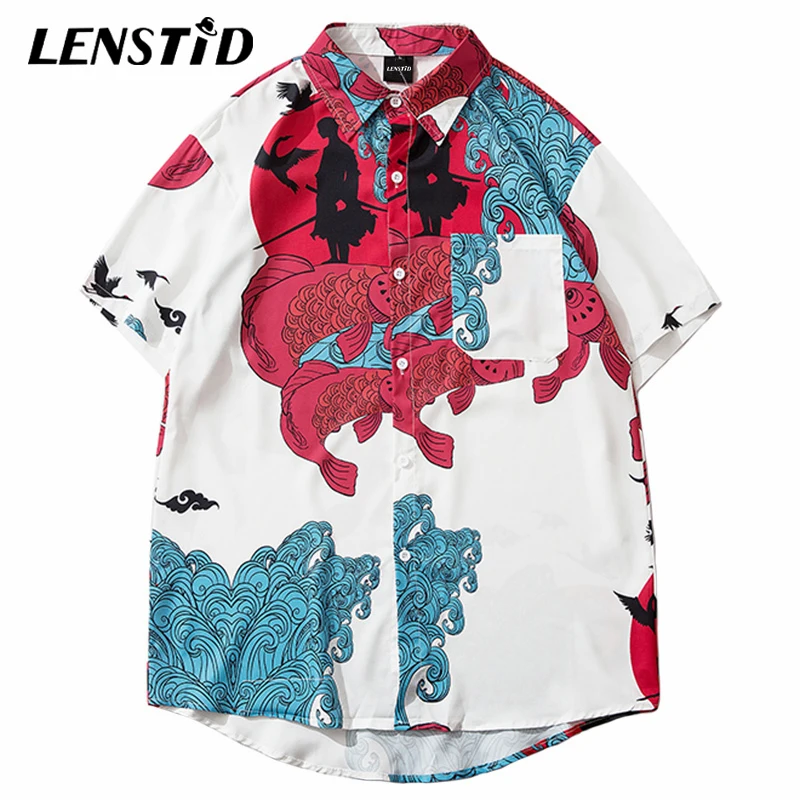 Мужская гавайская рубашка LENSTID в стиле хип хоп с принтом Великая волна уличная