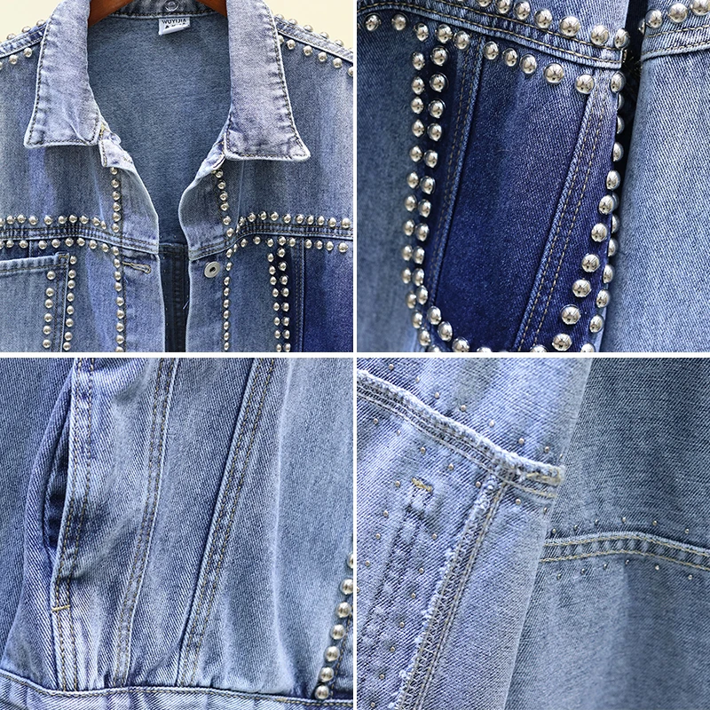 Vintage Women Jacket 2020 Autumn Winter Denim Jackets Washed Blue Rivet Jeans Coat Turn-down Collar Outwear Bomber P818 | Женская одежда