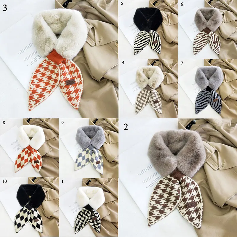 

Soft Fluffy Neck Warm Leaf Rhombus Pattern Neckerchief Leopard Print Knitted Scarf Female Cross Scarves Faux Fur Collar Scarf