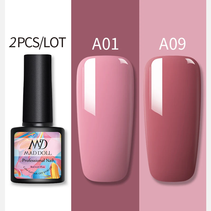 A01A09 2 бутылки 8 мл MAD DOLL УФ-гель для ногтей чистый цвет и Блестящие Блестки долговечный впитывающий Гель-лак для нейл-арта - Цвет: A01A09