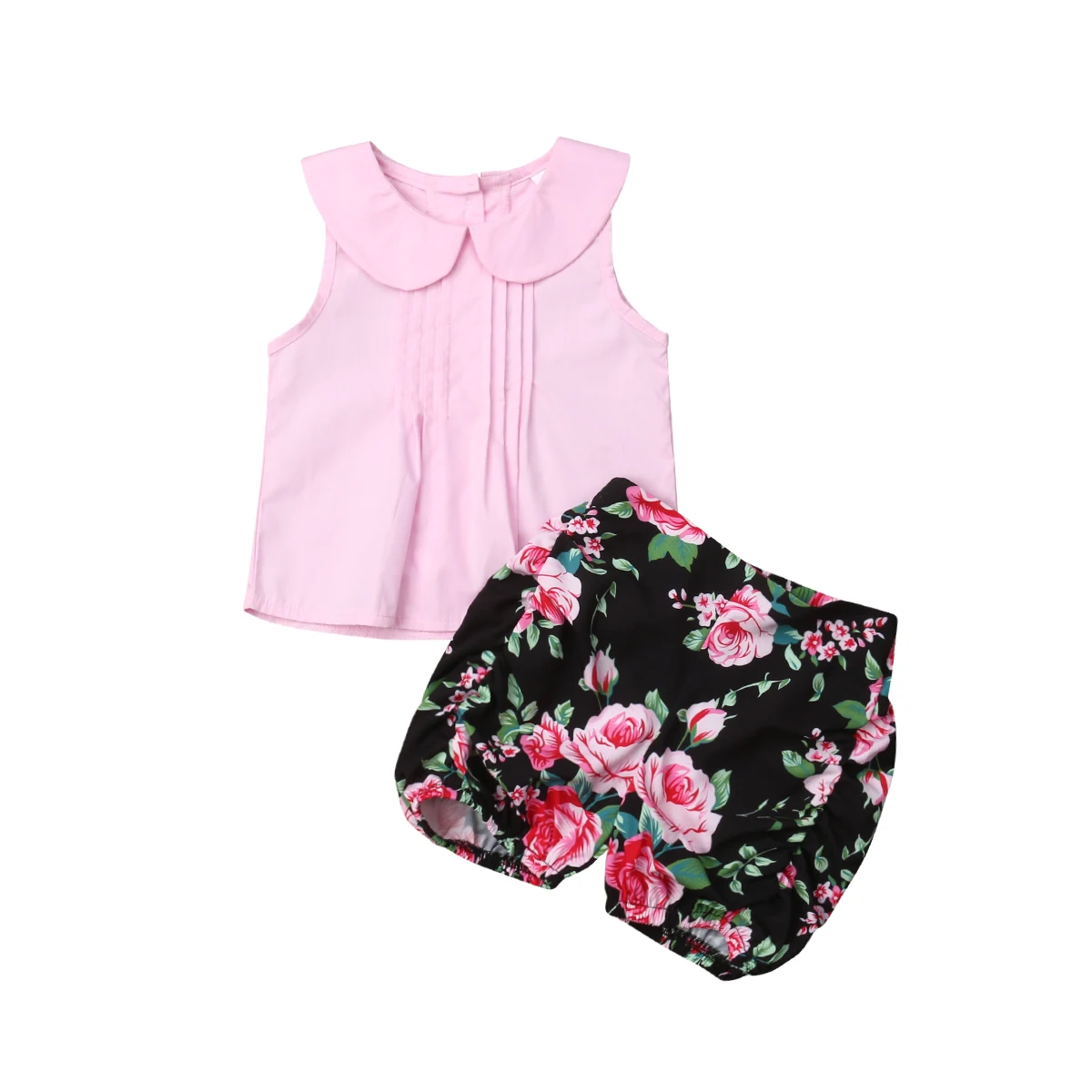 

2021 Toddler Kids Baby Girl tank Fold Solid top match Floral shorts Summer Sleeveless 2PCS infant girl Clothes 0-24M