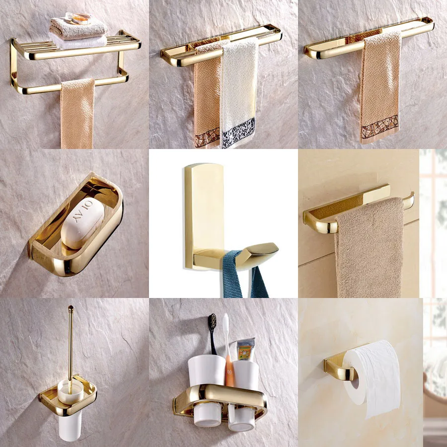 

Luxury Gold Color Brass Square Bathroom Accessories Set Bath Hardware Towel Bar Soap Dish Toilet Paper Holder Robe Hook mm001