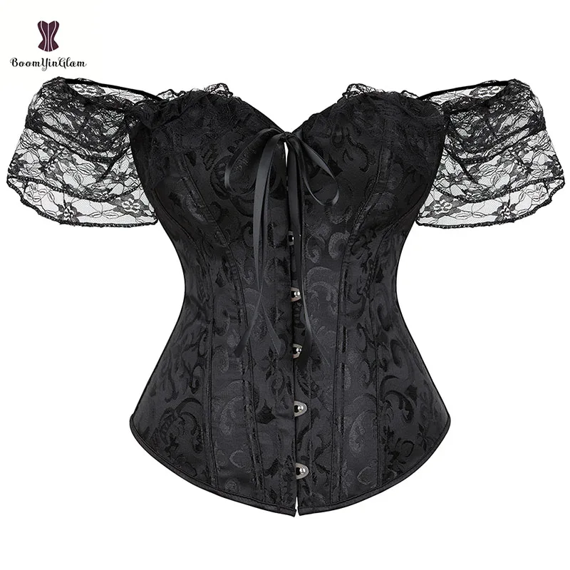 

Solid Black Lace Up Boned Corset And Bustier Plus Size Overbust Corsage Corselet Steampunk Gorset Women With Sleeves