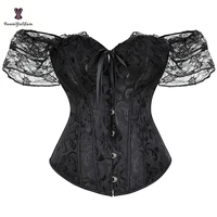 solid black lace up boned corset and bustier plus size overbust corsage corselet steampunk gorset women with sleeves