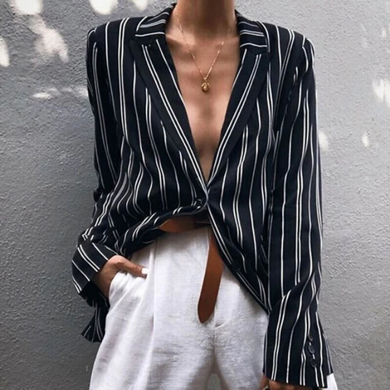 

Женская блузка в полоску, с длинным рукавом и V-образным вырезом