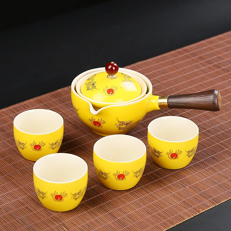 

Yellow Chinese Dragon Designer Travel Tea Set Unique Painting High Quality Rotate Teaware KungFu Teaset Creamic Gift For Friend