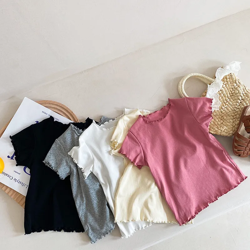 

New Summer Baby Girls Pure Color T-shirts Korean Style Toddlers Kids Short Sleeve Tops Casual All-match Children Tees