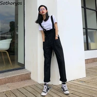 jumpsuits women high waist pockets straps trouser drawstring solid pleated korean style elegant bf retro chic students womens