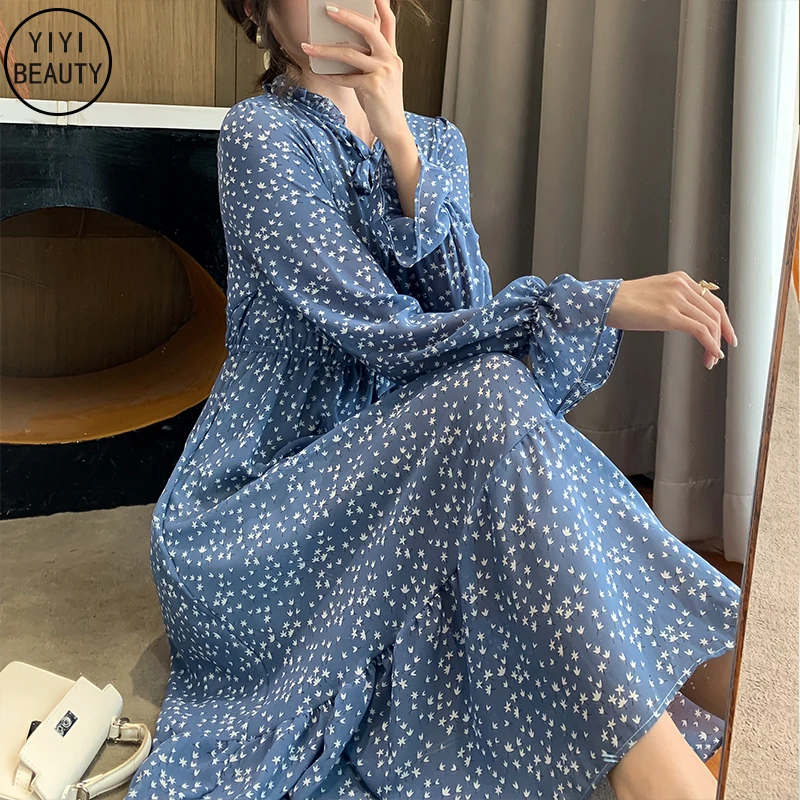 

Women's Long Sleeve Floral Chiffon Dress with Lining Spring Autumn Bow Single Breasted Pleated Bottoming Dresses Female Vestidos