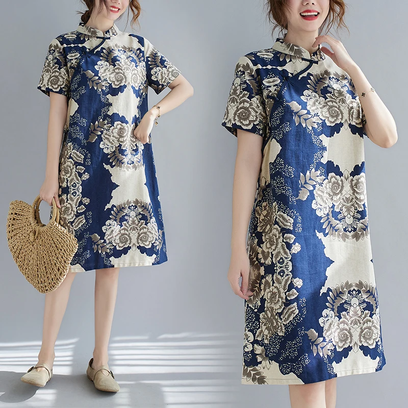 

Cotton Linen Robe Femme Women Dresses Elegant Oversized Short Sleeve Cheongsam Casual Vintage Indie Folk Midi Dress Vestidos