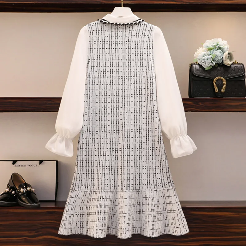 Плюс размер 2020 осенне зимний свитер клетчатое платье женское трикотажное