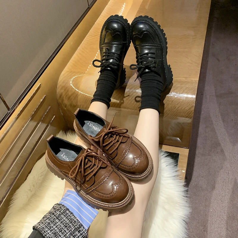 

Shoes Woman Flats British Style Oxfords Round Toe Modis Soft Casual Female Sneakers Shallow Mouth Dress Preppy Leather Retro 202