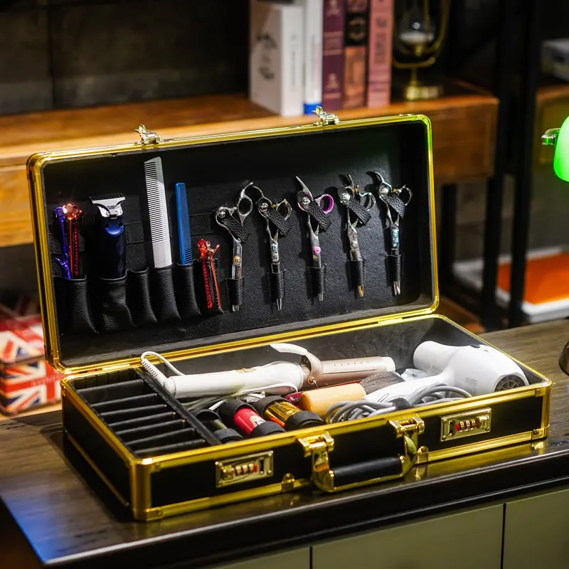 Парикмахерская коробка черного и золотого цвета с алюминиевой рамкой замком