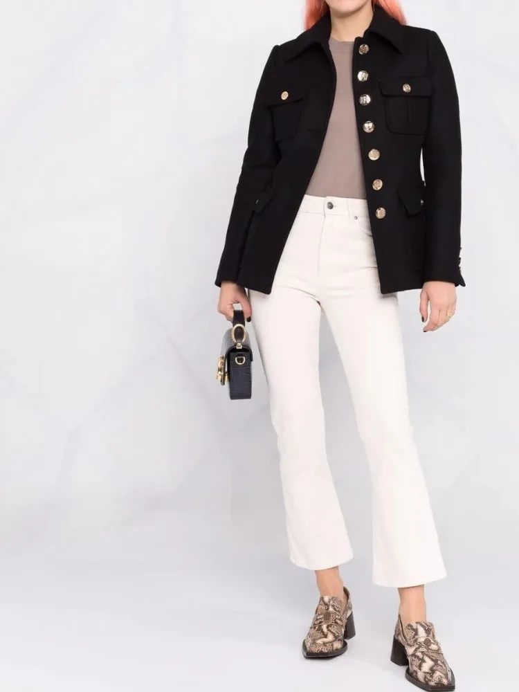 

Special Single Breasted Back Folds Handsome Cargo Coats Slim Multi-pocket Wool Jacket Winter New Women Quality Overcoat