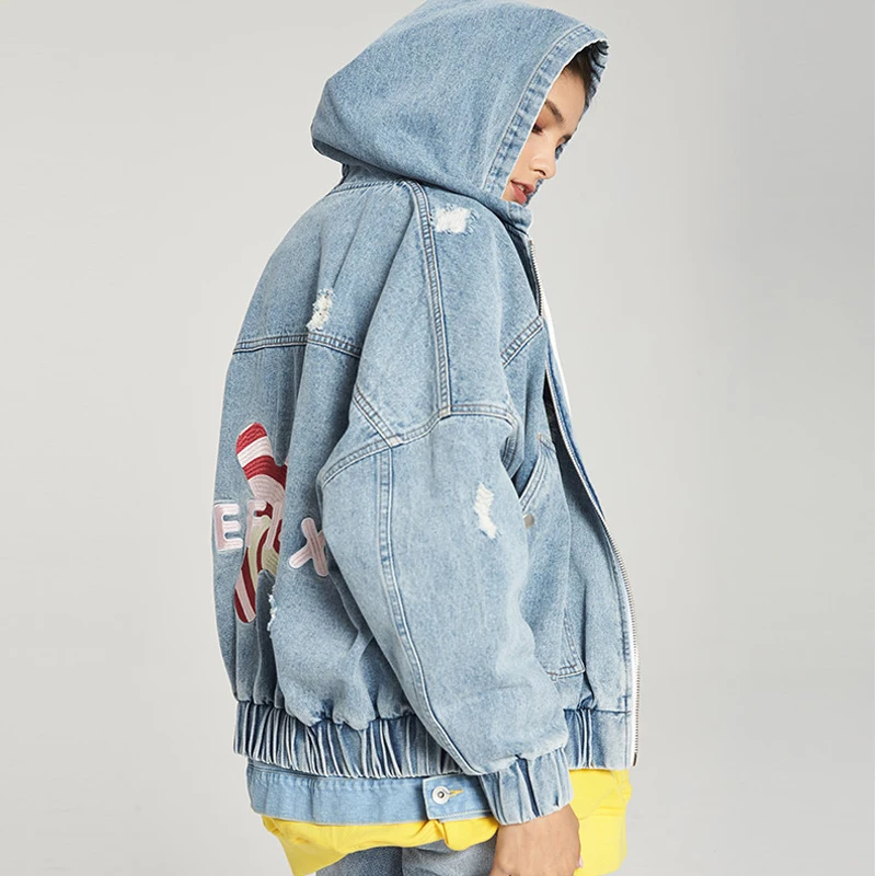 Женская джинсовая куртка с вышивкой Корейская уличная одежда на молнии дырками