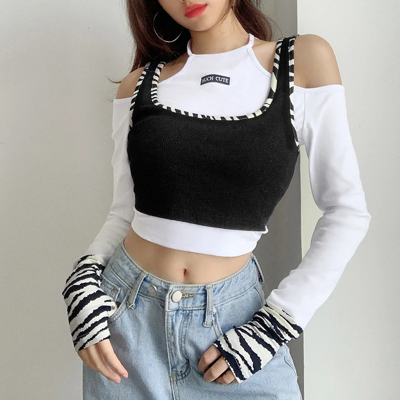 

Women's t-shirts spring and summer Top off white solid color stitching strapless top harajuku T-shirts temperament slim T-shirt