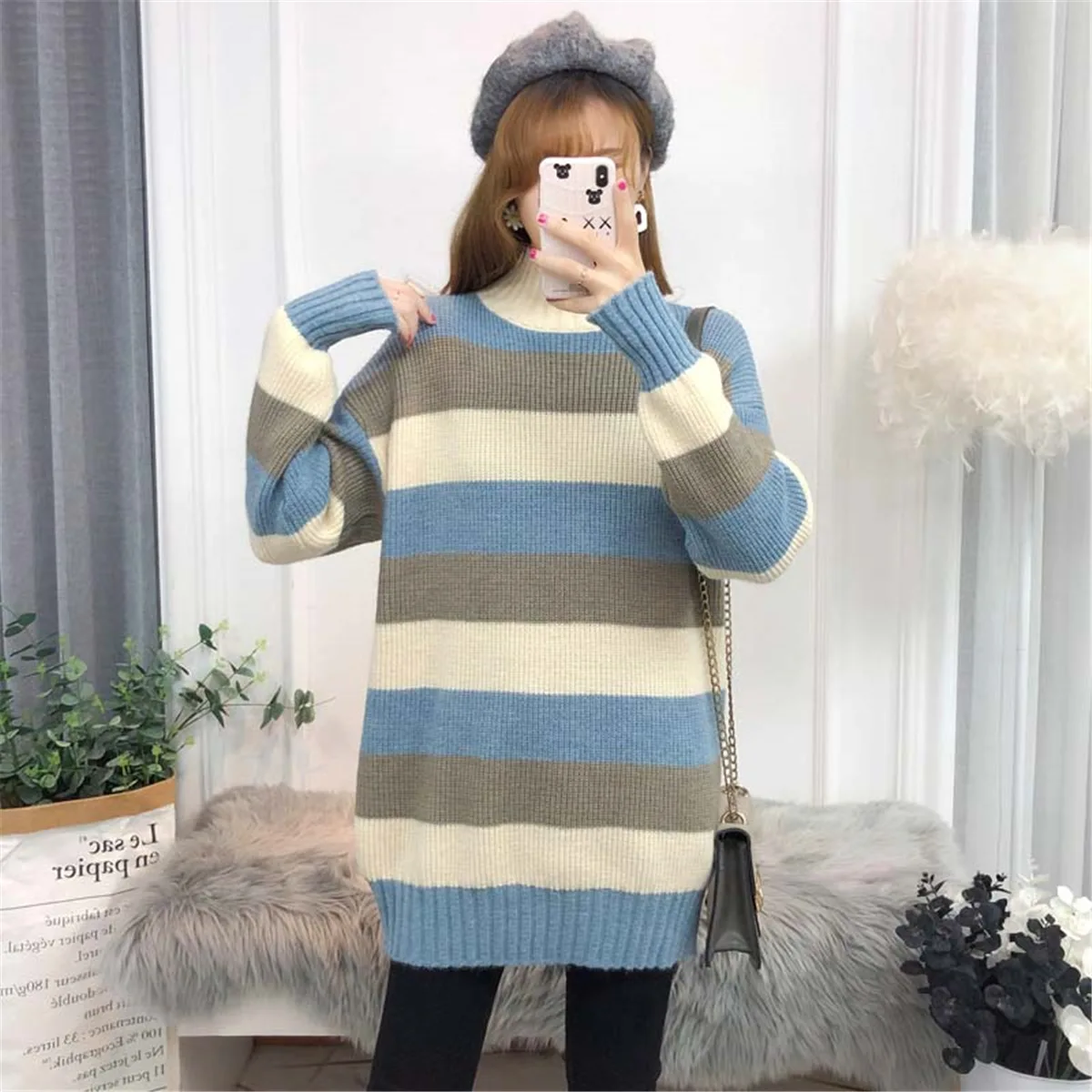 

Fannic Winter 2020 Turtleneck Knitting Pullover Loose Long Color Patchwork Thick Sweater Women