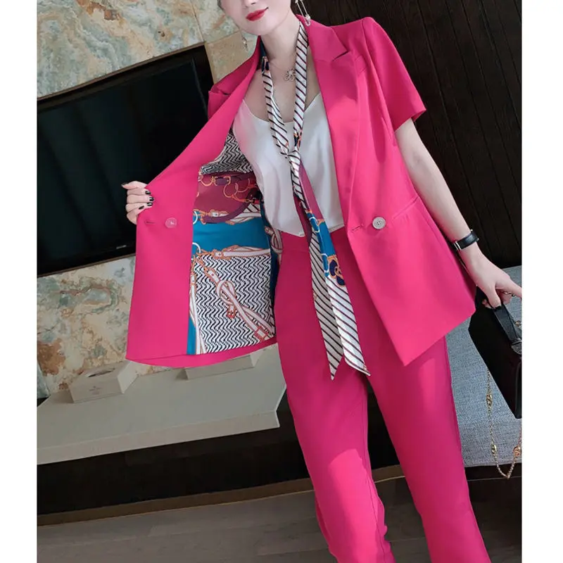 

Women 2021 Summer Fashion Sets 2 Piece Matching Wide Leg Pants Casual High Waist Elegant Office Lady Suit Female Slim Set U205