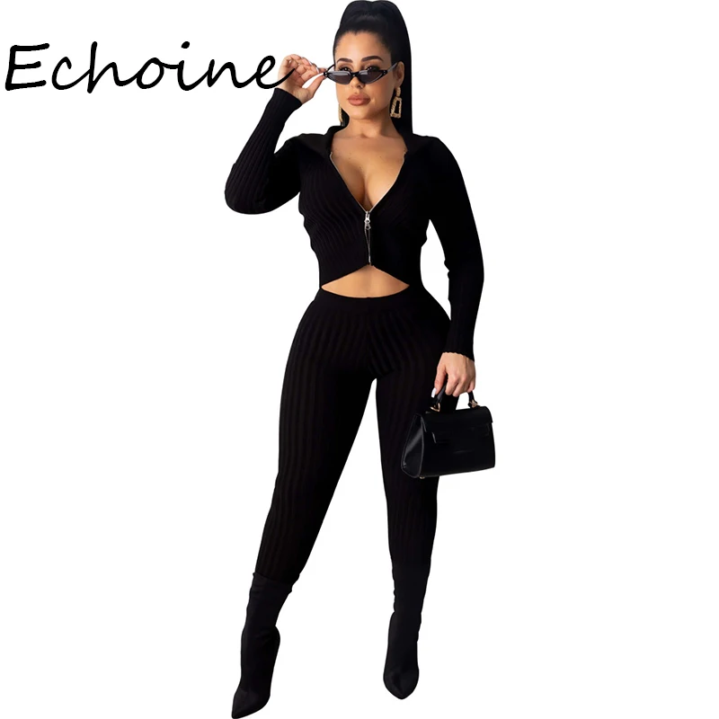 Модный вязаный ребристый комплект из двух предметов укороченный топ на молнии с