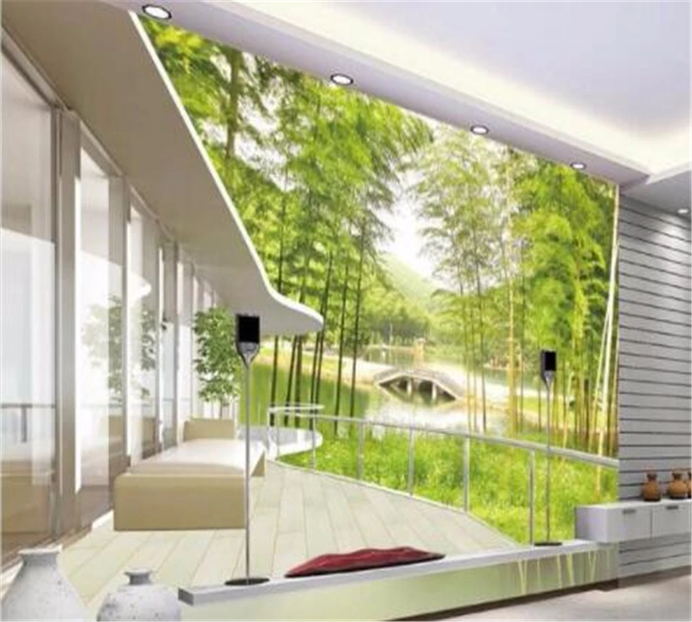 

beibehang Customized Wallpaper 3D Balcony Green Landscape Bamboo Forest Modern European Living Room Painting Home Decoration
