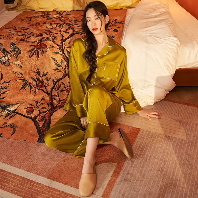 Pajama Set Satin Pajamas Summer Korean Version of Long Sleeve Oversize Two-piece Suit Drape Mercerized Thin Home Service Women
