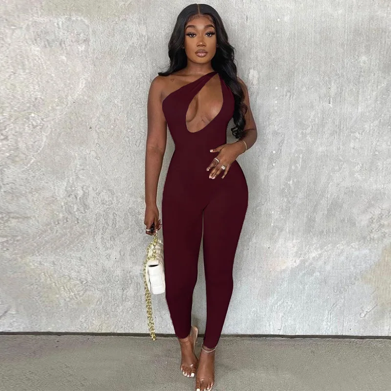 

One Shoulder Sexy Cut Out Rompers Womens Jumpsuit 2021 Streetwear Solid Backless Active Wear Skinny Slim Jumpsuits Summer