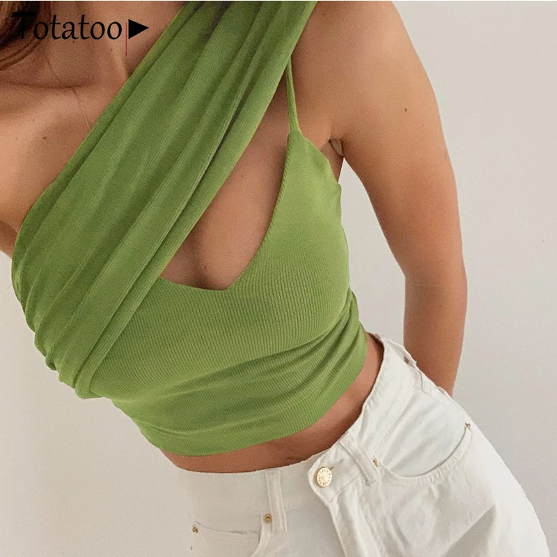 

Totatoop Sexy One Shoulder Ribe Knitted Summer Tank Top For Women 2021 Hollow Out Sleeveless V Neck Beach Green Crop Top Y2K