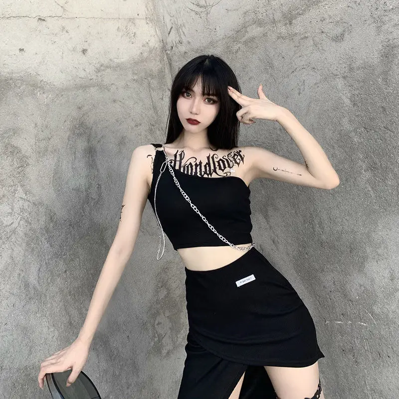

GothGotik One-Shoulder Tanks For Woman Sexy Gothic Style Chain Short Basic Tops Punk Camis Summer
